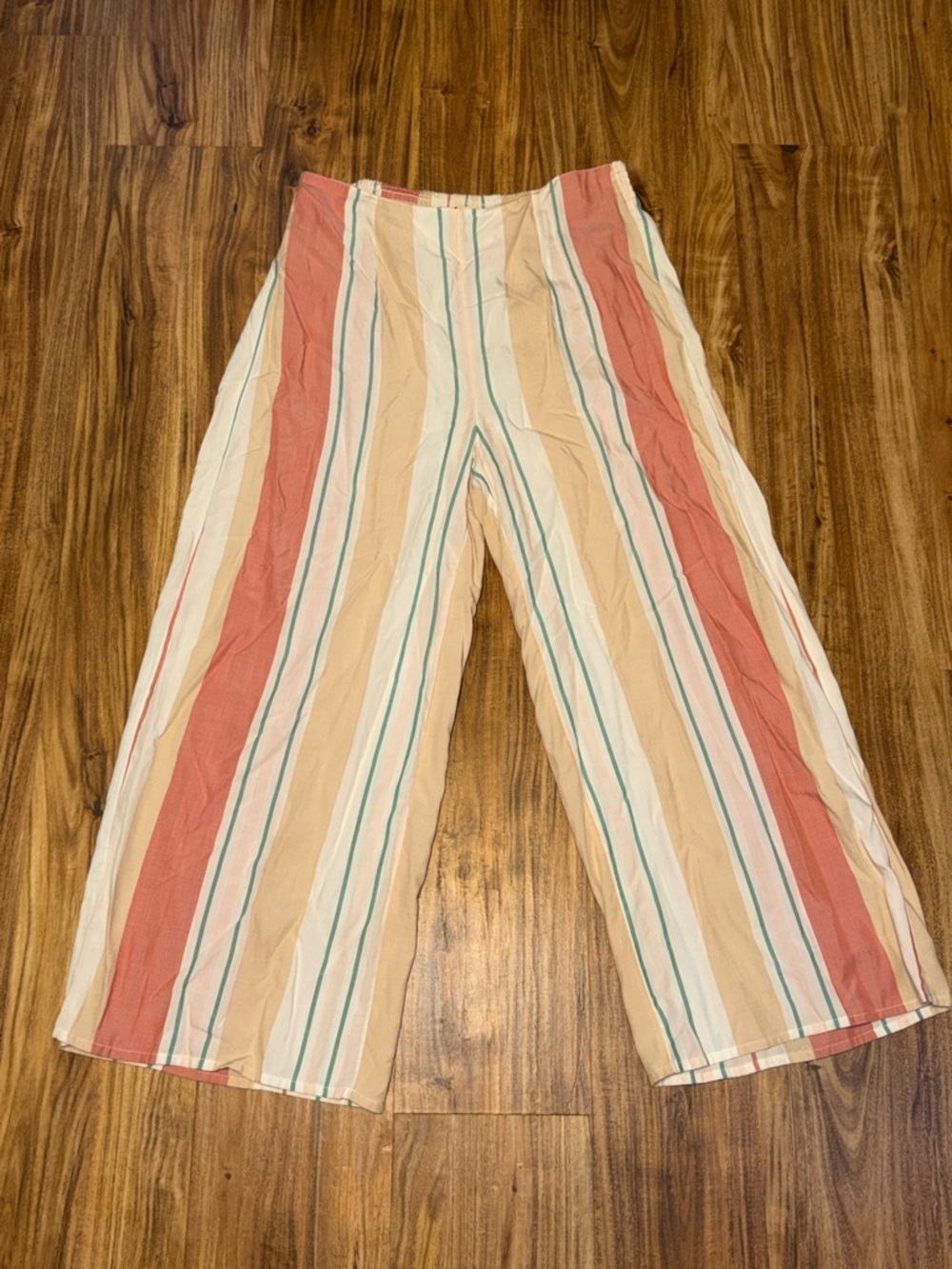 Roxy women large 12 14 pants wide leg white pink ran stripe flowy ankle nwot